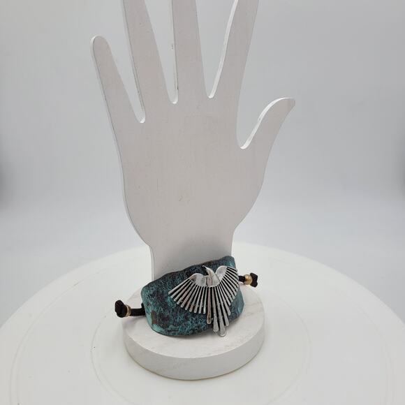 Vtg Native Thunderbird Cuff Bracelet 9" Hammered Green Silver Leather Phoenix - Picture 10 of 12